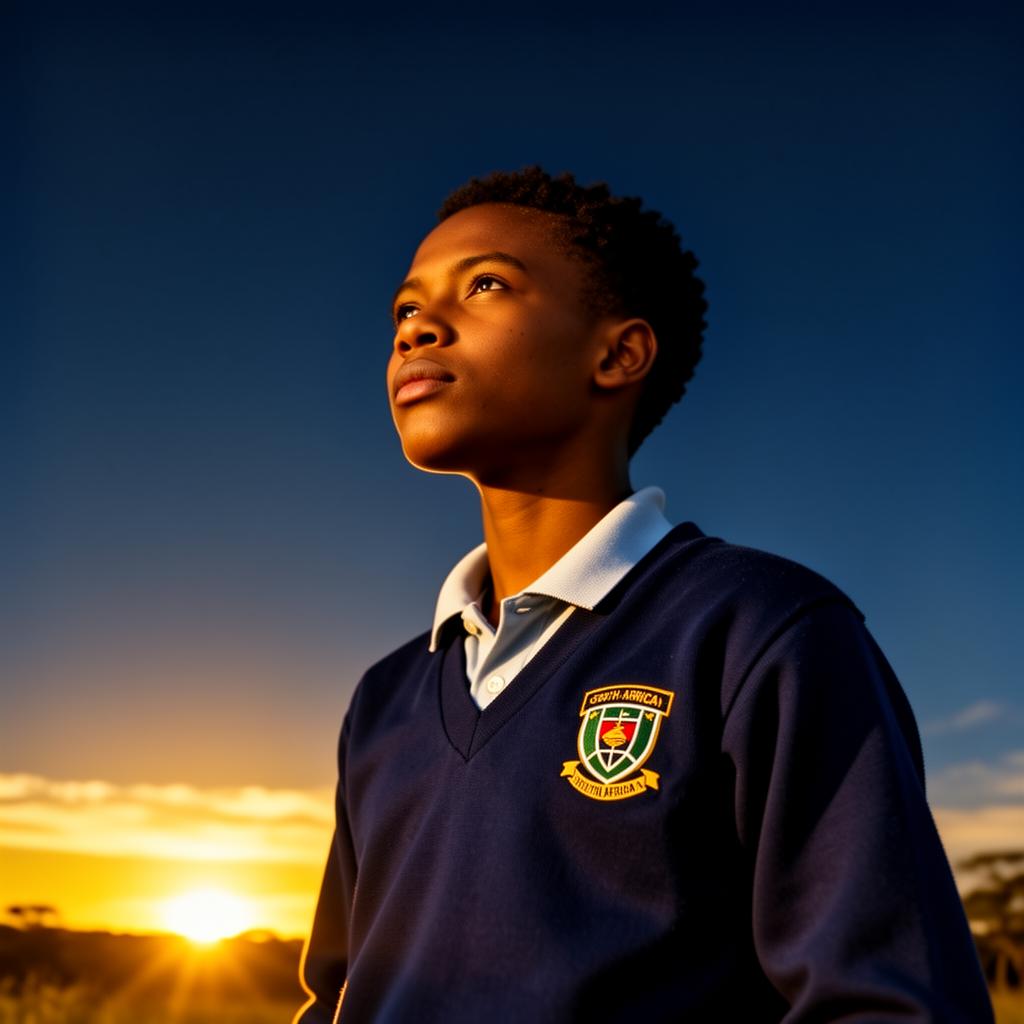 Sinenjongo learner looking toward the horizon at golden hour
